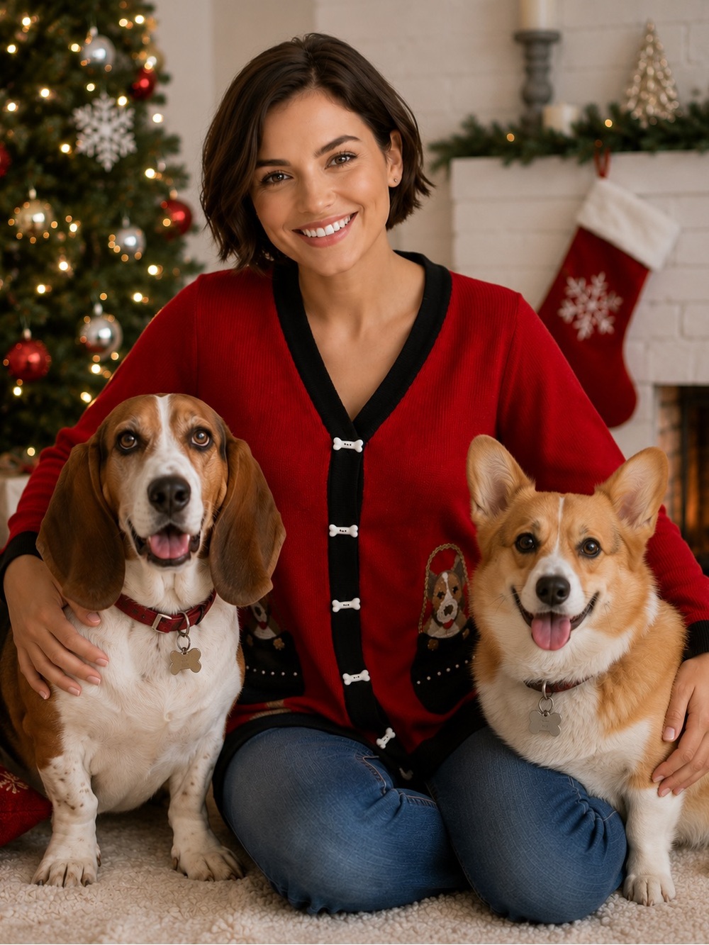 Berek 2 Sweater Womens Sz M Red Black Puppies In Pockets Dog Bones Buttons